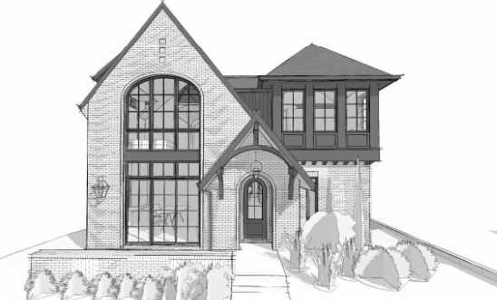 Architectural rendering of a Tudor-style custom home in Bonnie Brae