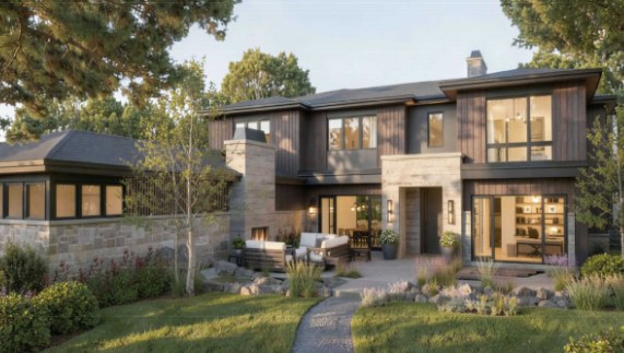 Modern custom home built by Caliber in Cherry Creek North with dark wood siding and stone accents