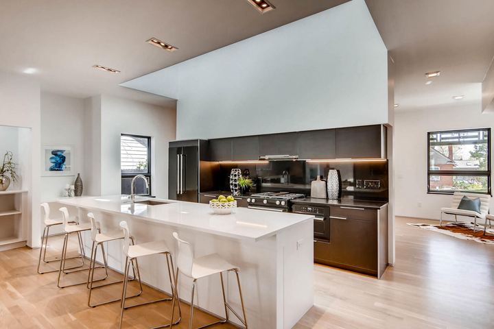 Kitchen of a Caliber custom home at 2675 Meade St in Denver